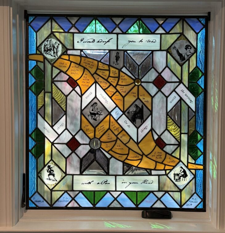 Read With A Pen stained glass panel by Martin Mangold 5/26/2025